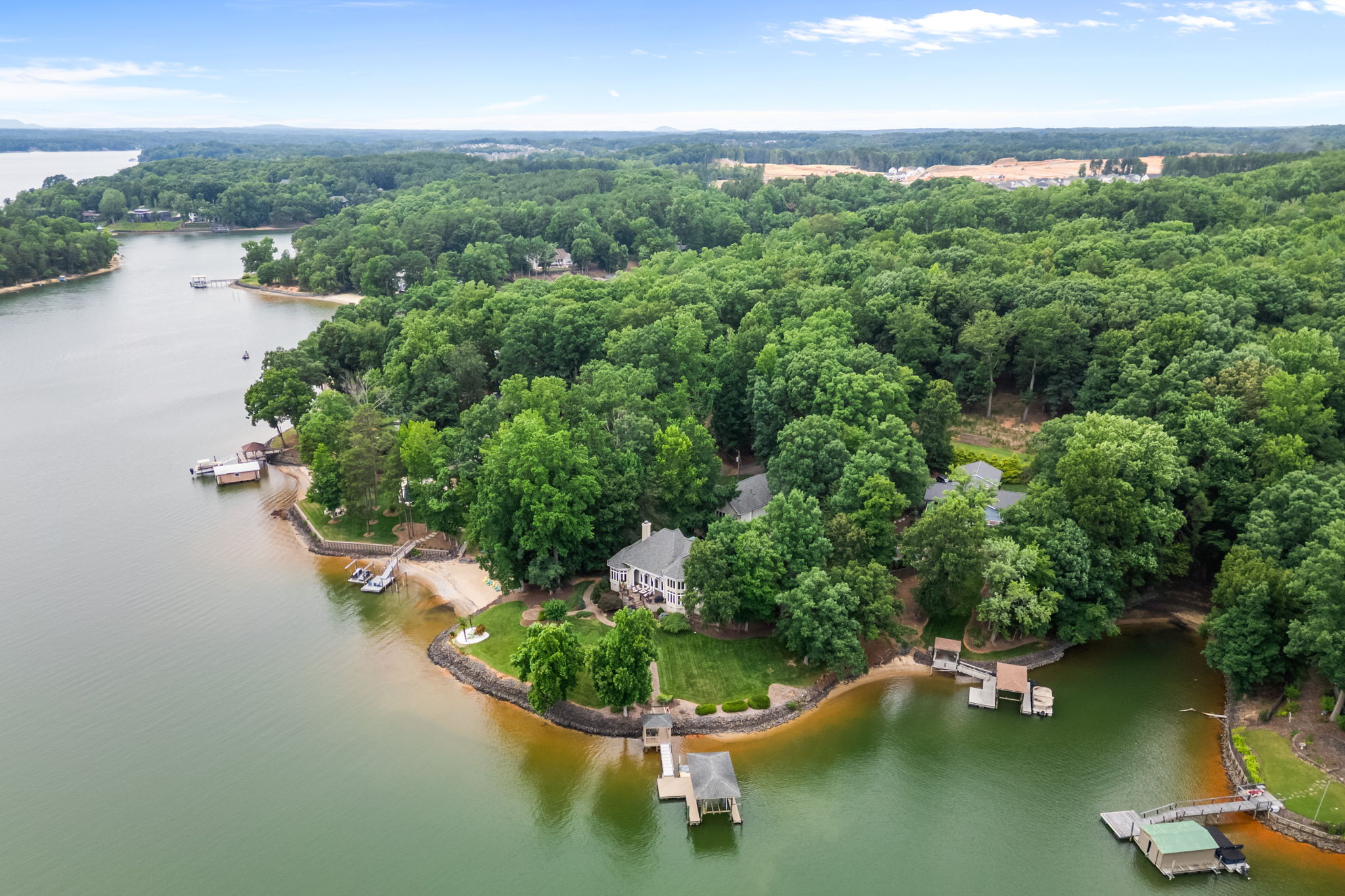 Aerial view of the 2161 Windy Oaks Road estate on its private Lake Wylie point